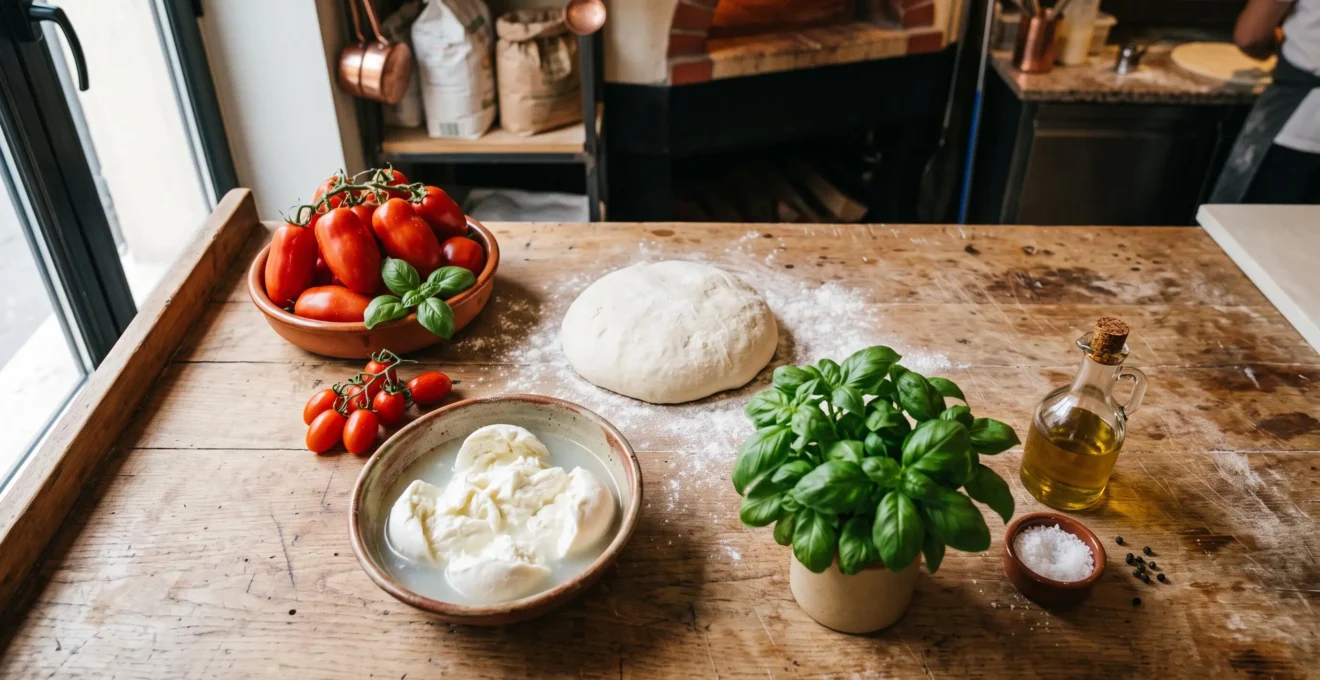 Ingrédients italiens premium pour pizza artisanale disposés sur un plan de travail : tomates fraîches, mozzarella, basilic et huile d'olive