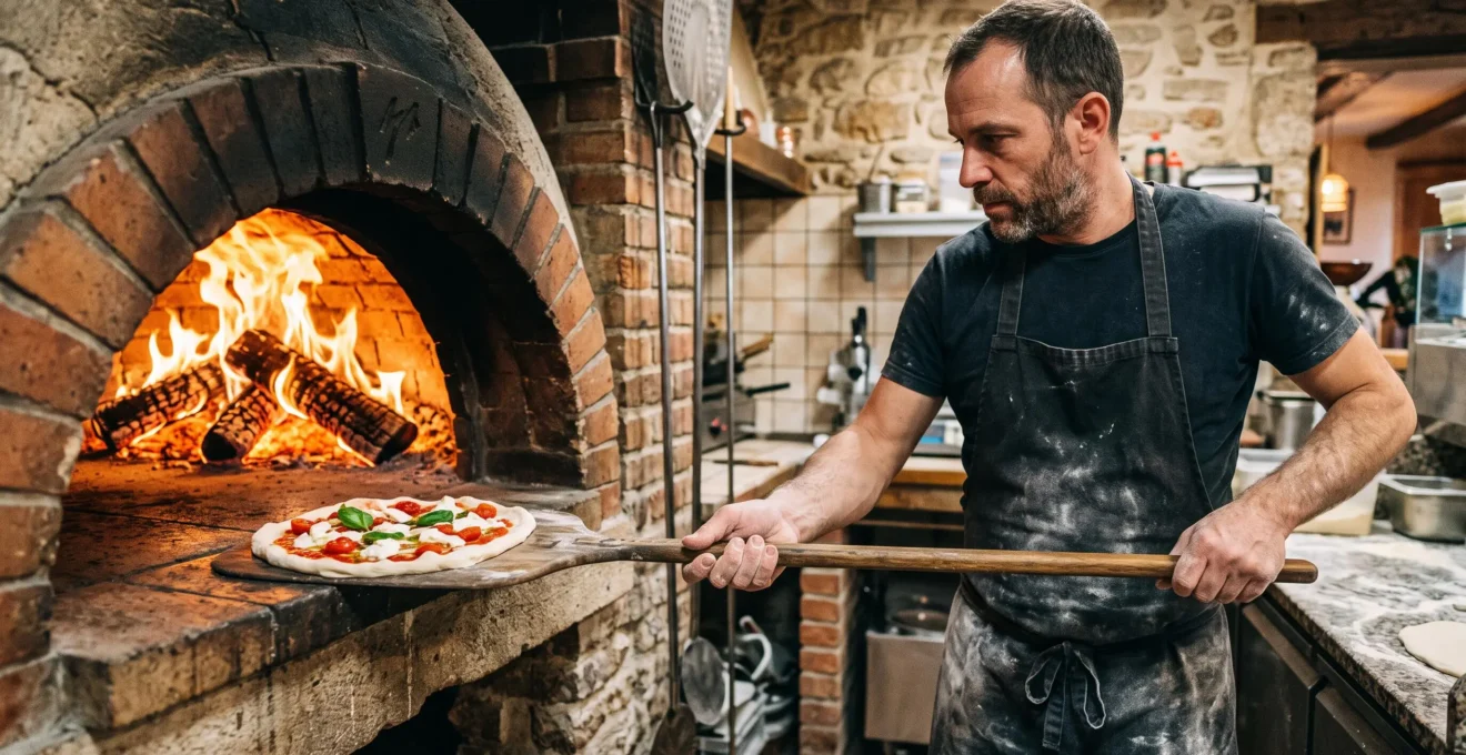 Pizzaiolo enfournant une pizza artisanale dans un four à pierre traditionnel avec flammes visibles
