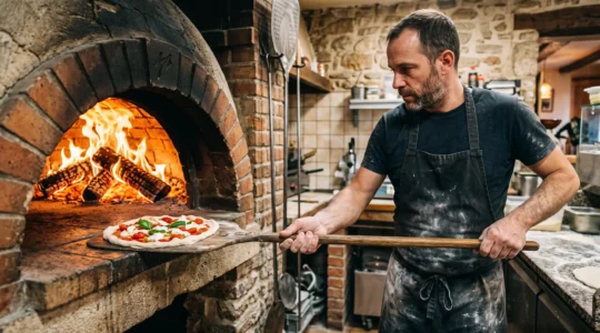 Pizzaiolo enfournant une pizza artisanale dans un four à pierre traditionnel avec flammes visibles