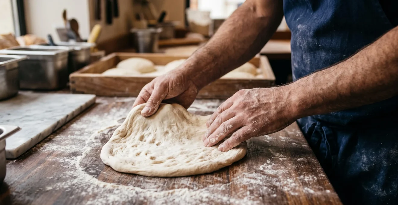 Mains d'un pizzaiolo travaillant et étalant de la pâte à pizza fraîche sur un plan de travail fariné