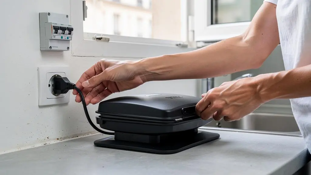 Une femme branche la prise d'un barbecue électrique d'intérieur sur une prise murale de sa cuisine, fenêtre légèrement ouverte.