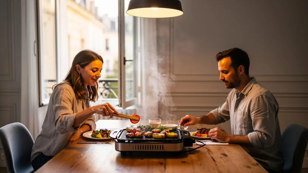 Un couple fait des grillades sur un barbecue électrique posé au milieu de la table d'un appartement, entouré de légumes grillés.