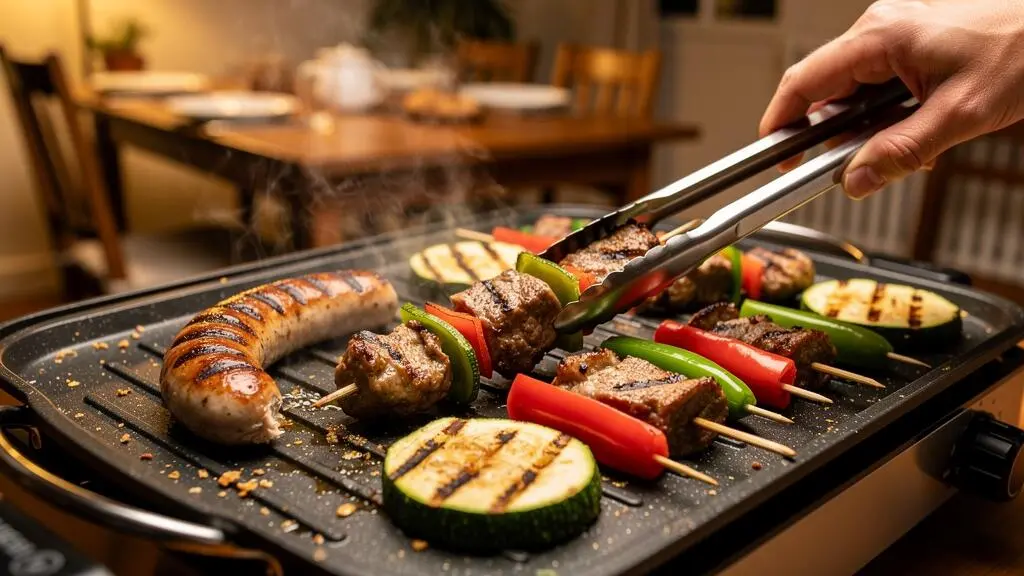 Des brochettes, saucisses et légumes grillent sur la plaque d'un barbecue électrique d'intérieur, une main les retournant avec des pinces.