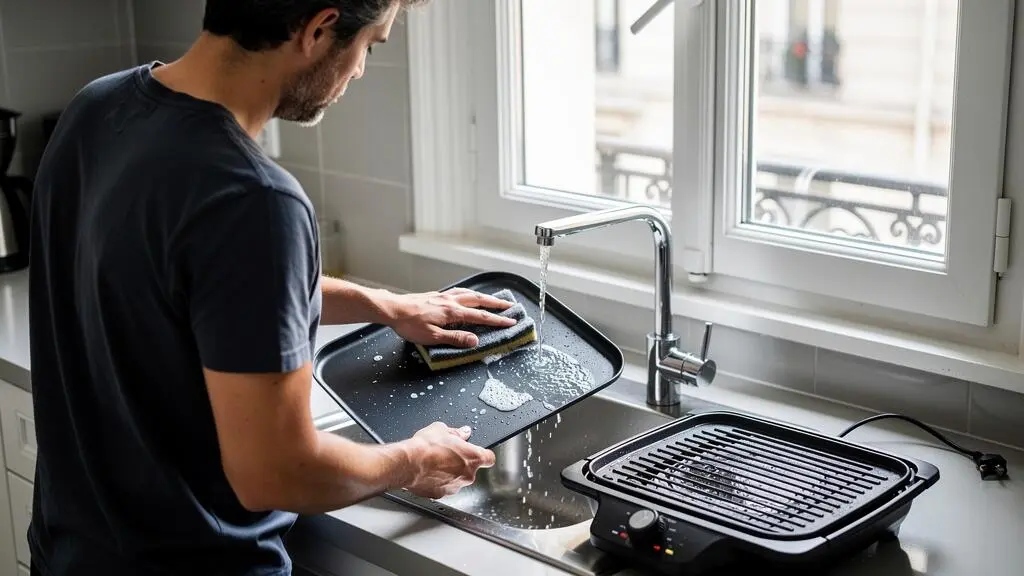 Un homme nettoie la plaque amovible d'un barbecue électrique d'intérieur dans l'évier de sa cuisine, le socle débranché à côté.